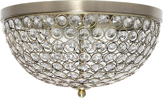 Elegant Designs FM1000-ABS Elipse Crystal 13 Inch Modern Metal 2 Light Bowl Shaped Ceiling Flush Mount Fixture, Antique Brass