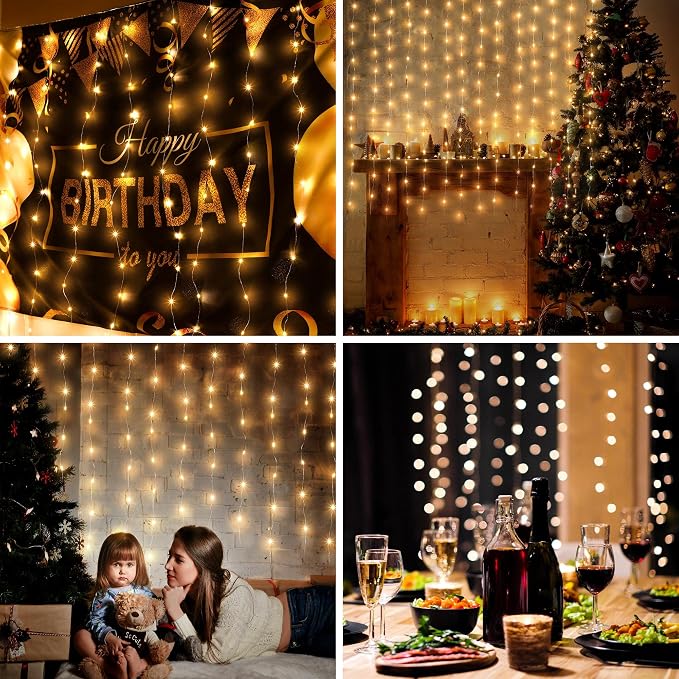 Tuanse 3 Pack 195 LED Curtain Tapestry Lights Backdrop String Lights, 6.5 x 5 Feet Hanging Fairy Curtain Light with 8 Lighting Modes and Remote for Bedroom Window Wall Indoor Outdoor Graduation Decor