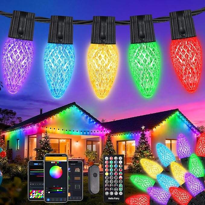 iBaycon Smart C9 Christmas Lights, 100 LED 65FT Bluetooth Outdoor Light String, APP Remote Controlled, Music Sync Color Changing RGB Connectable Christmas Lights for Tree House Eaves Roof Decorations
