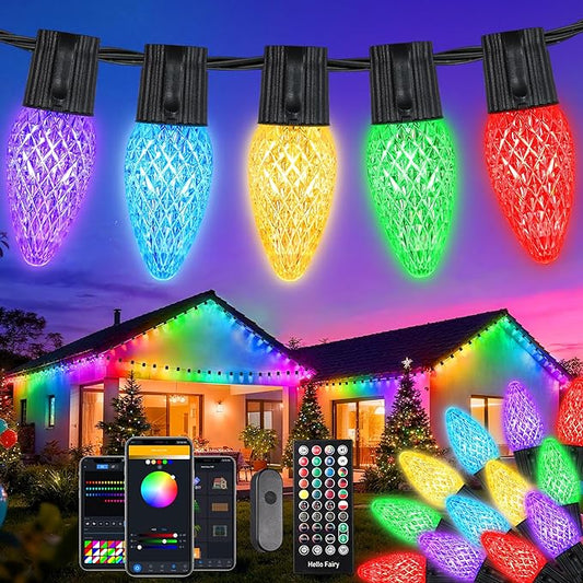 iBaycon Smart C9 Christmas Lights, 100 LED 65FT Bluetooth Outdoor Light String, APP Remote Controlled, Music Sync Color Changing RGB Connectable Christmas Lights for Tree House Eaves Roof Decorations
