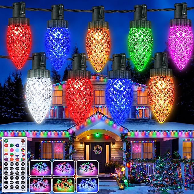 iBaycon RGB C9 Christmas Lights, 129FT Color Changing String Lights Remote Control Waterproof Outdoor, C9 String Light for Xmas Tree House Eaves Roof Christmas Holiday Decor (Non-Connectable)