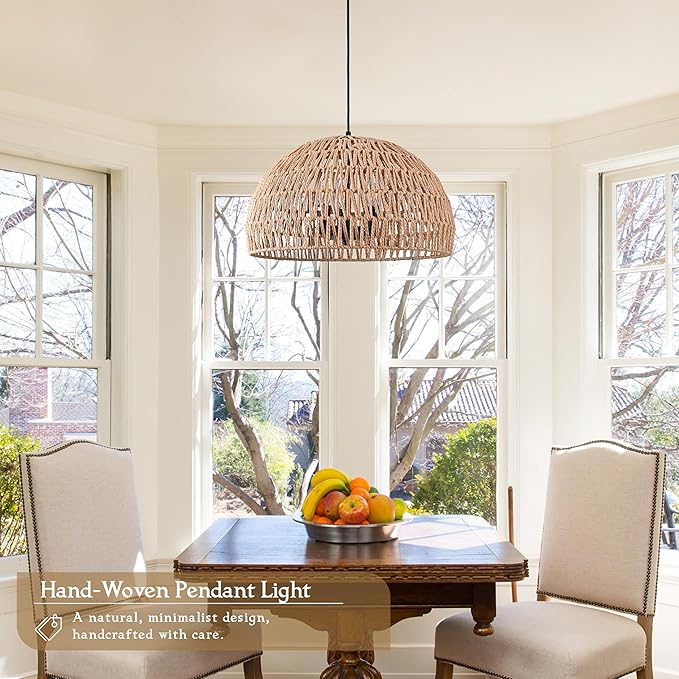17.6 inch Hemp Rope Woven Pendant Light Wicker Pendant Light 3-light Rattan Light Fixture Boho Chandelier Farmhouse Chandelier Dome Pendants Light for Dining Room Bedroom Kitchen(Bulb Incl