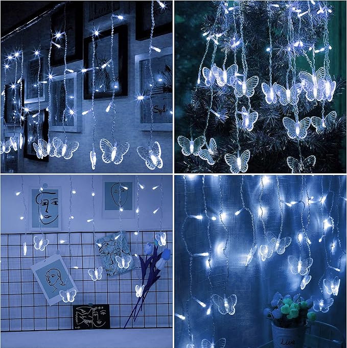 Curtain Butterfly String Light 20Ft 120LED Window USB Fairy Lights 24 Butterfly 8 Modes with Remote Control for Room Bedroom Patio Party Wedding Holiday Christmas Decoration (Cool White)