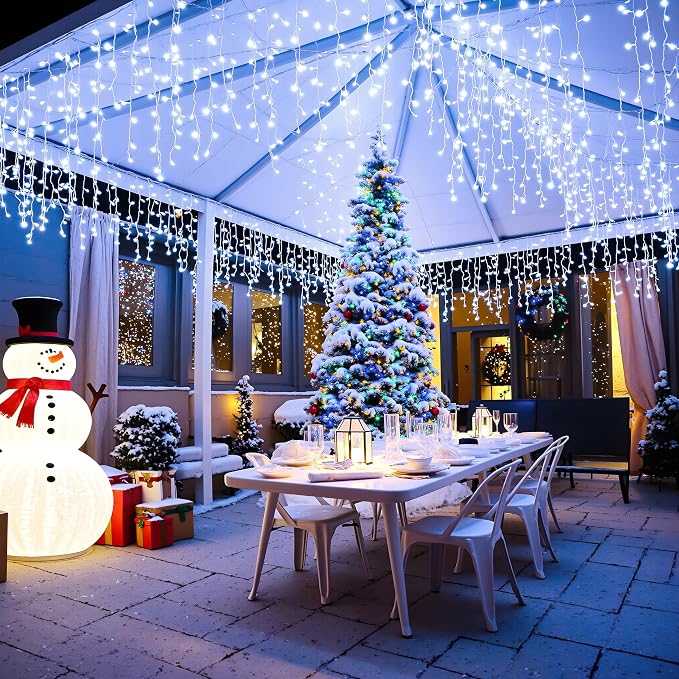 Icicle lights Outdoor - 33ft Christmas Lights with 400LED 75 Drops 8 Modes, Plug in Curtain String Lights Waterproof for Holiday Wedding Party Home Garden Bedroom Indoor Outdoor Decoration, Cool White