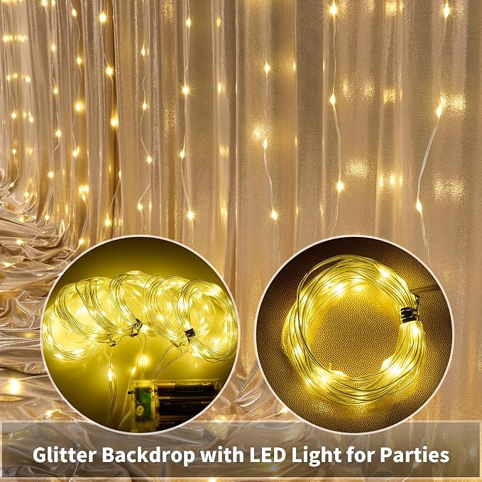 Outpain 10x10ft Champagne Sequin Backdrop Curtains with Light -Lighted Up Champagne Photo Backdrops with Non-Shedding Glitter, Wrinkle-Free Drapes for Wedding/Christmas/Studio(5x10ft 2 Panels)