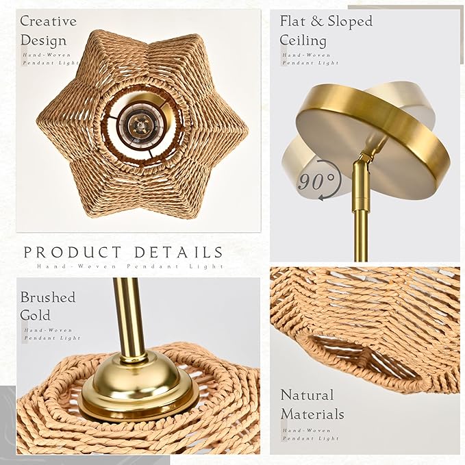 Mini Rattan Pendant Light Hemp Rope Rattan Light Fixture Woven Pendant Wicker Chandelier Boho Chandelier for Bedroom Kitchen Island