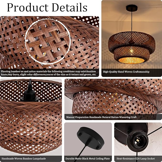 Bamboo Pendant Light,Dark Curry Boho Rattan Hanging Light,17.7" Hand Woven Wicker Chandelier for Kitchen Island for Kitchen Island Dining Bedroom Living Room Restaurants