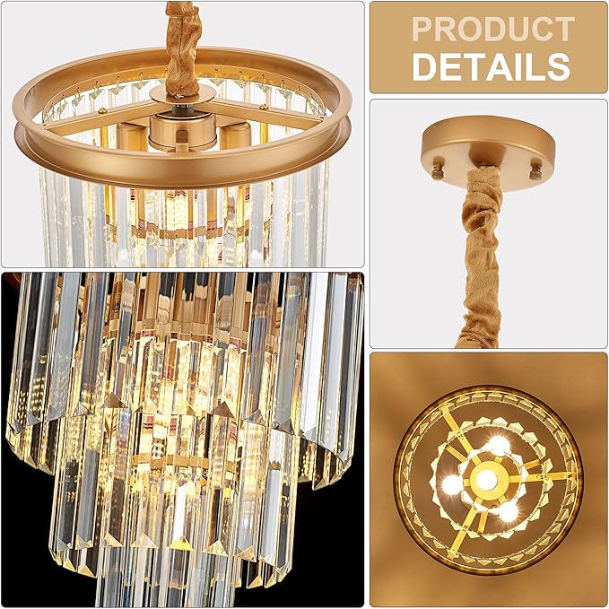 4-Light Gold Crystal Pendant Light, 3-Tier 11.8" Luxury Crystal Pendant Light Perfect for Dining Room, Bedroom, Kitchen, Living Room