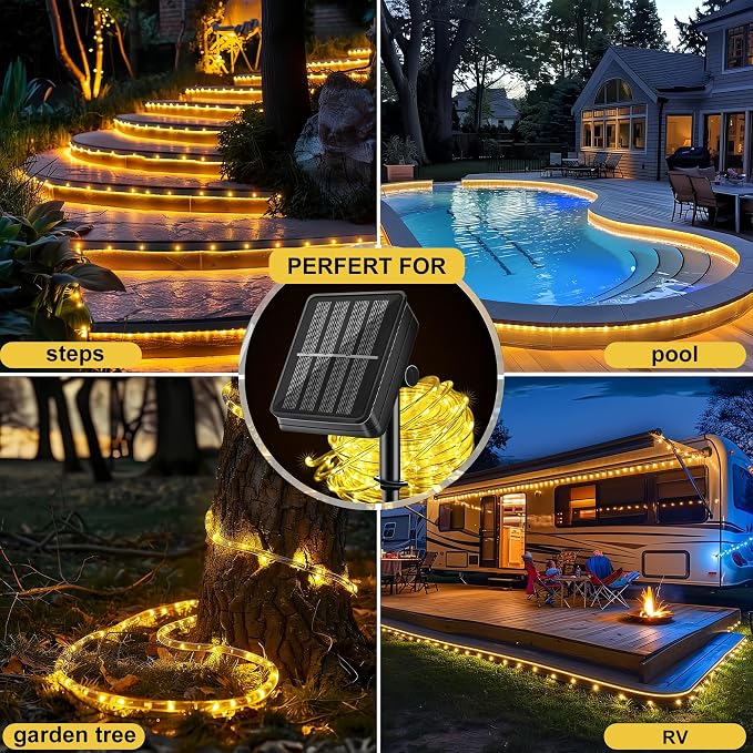 LairtPOW Solar Rope Lights with Remote for Tree Decor,72FT 200LEDs Outdoor Solar Strip Lights for Patio,IP67 Waterproof, USB Charging, Timing & 8 Modes Outdoor Fairy Light for Garden(Warm White)