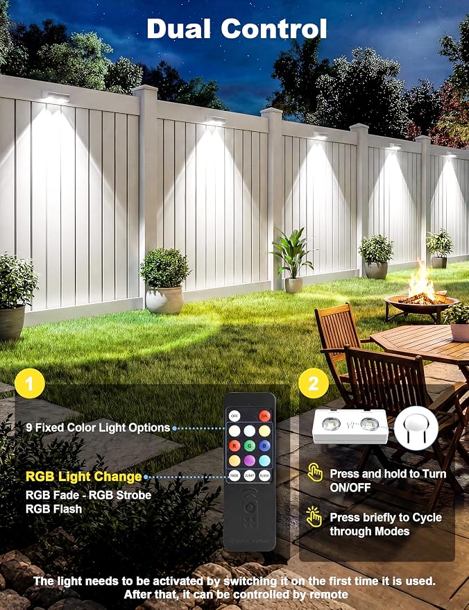 JOFIOS Solar Fence Lights Outdoor with Remote, 9 Fixed Colors ＆ Color Changing Solar Lights Outdoor Waterproof IP65 Dusk-to-Dawn Vinyl Fence Lights for Patio, Railing, Pool, Porch, Backyard, 16 Pack