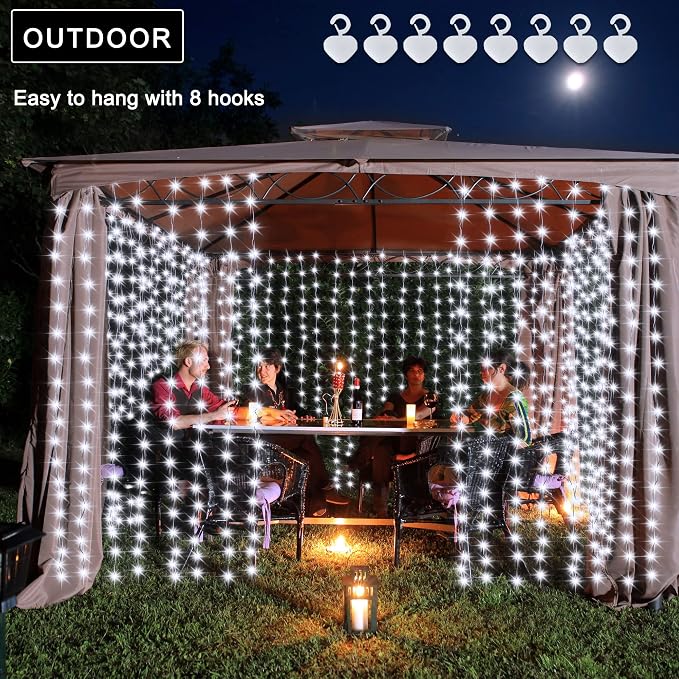 echosari Christmas Curtain Lights Solar Powered 7.9ft x 6ft 144 LED Outdoor Curtain Lights Waterproof with Timer 8 Modes for Christmas Garden Patio Fence Wedding Wall Window Gazebo Decor Cool White