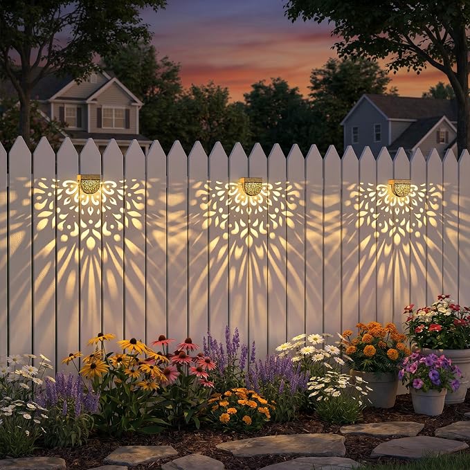 Solar Fence Lights 6 Pack Solar Step Lights Outdoor Waterproof LED Solar Powered Wall Lights Outdoor Decorations Warm Yellow Light Decorative Lighting for, Front Door, Backyard (Gold)