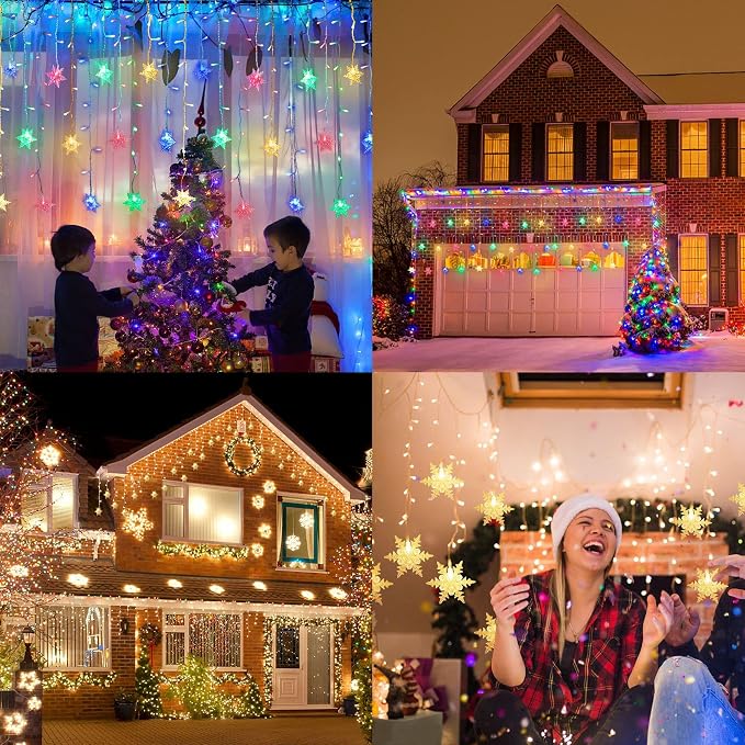 Lainin 12ft/3.5M USB Powered 8 Modes Snowflake Curtain Night Light Icicle Fairy String Light, Perfect for Christmas Wedding Holiday Garden Indoor/Outdoor Party Decoration - Multi Color