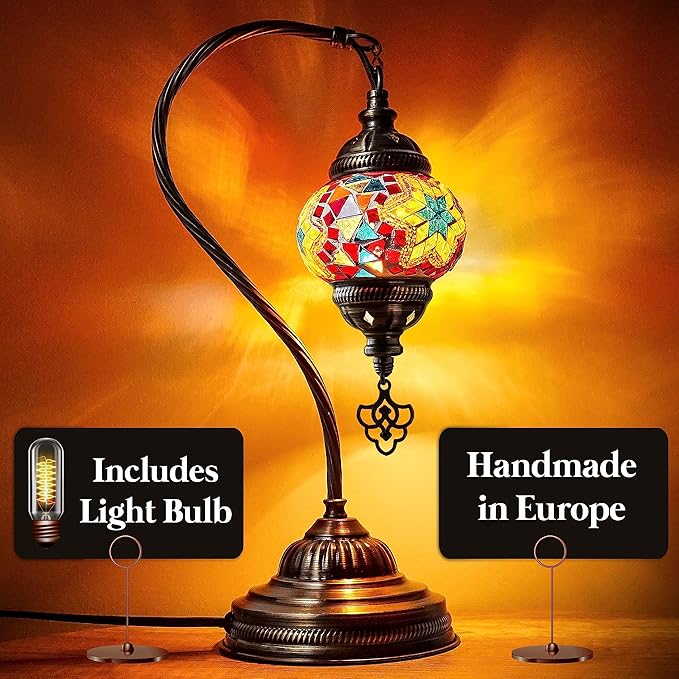 Turkish Moroccan Mosaic Table Lamp - Tiffany Handmade Colorful Mosaic Lamp, Decorative Glass Antique Bohemian Vintage Lamp Shade, Swan Neck Bedside and Table Desk Lamp,15 ½ inch