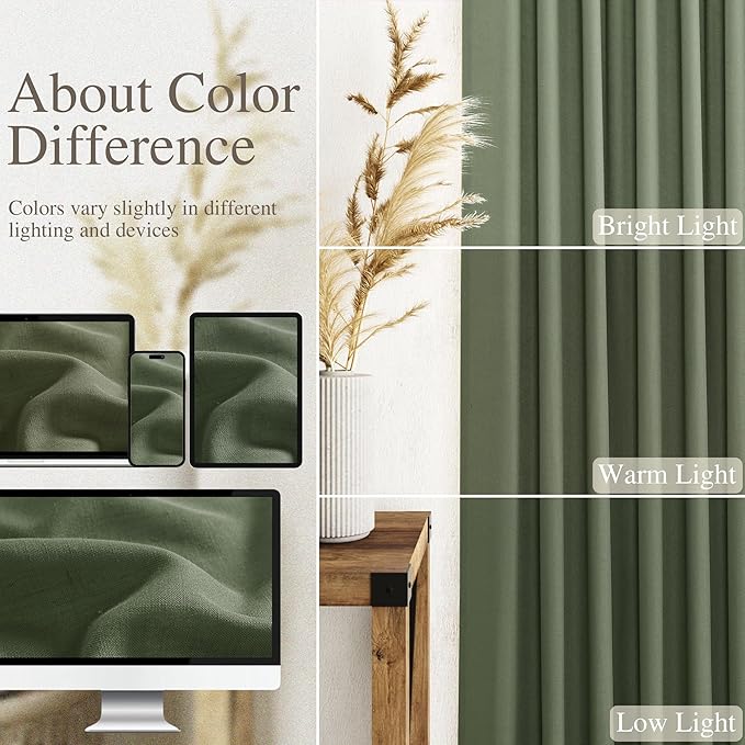 Nanspring Forest Green Linen Curtains for Living Room 72 Inches Long Light Filtering Semi Sheer Curtain Back Tab and Rod Pocket Wabi Sabi Boho Decor Luxury Drapes for Bedroom Office 52x72, 2 Panels