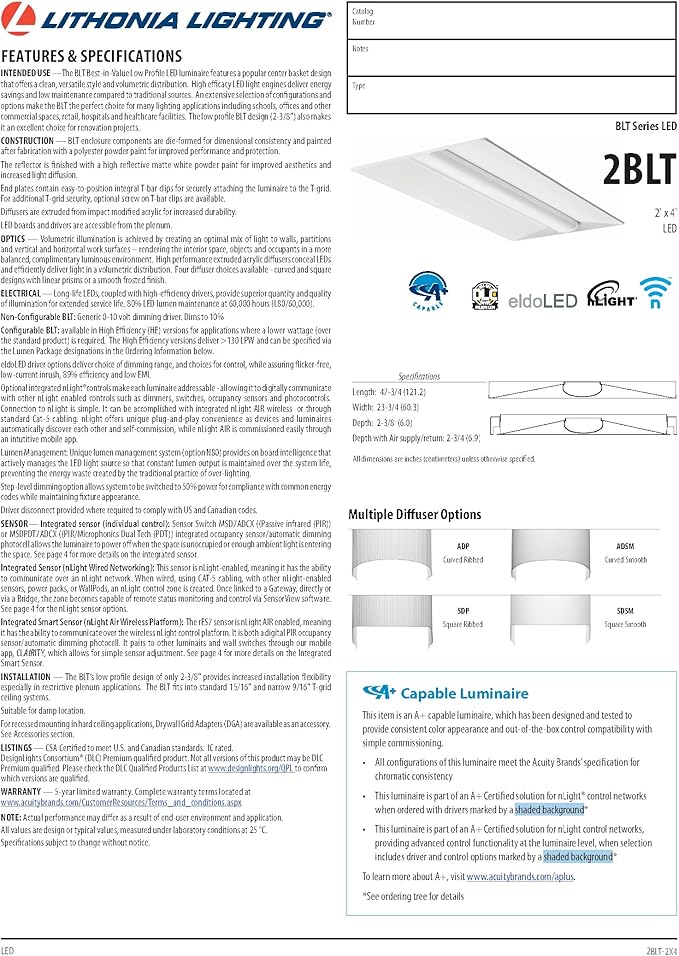 Lithonia Lighting 2BLT4 46L ADP LP835 High Output Best-in-Value Low-Profile Recessed LED Troffer, 2' x 4'