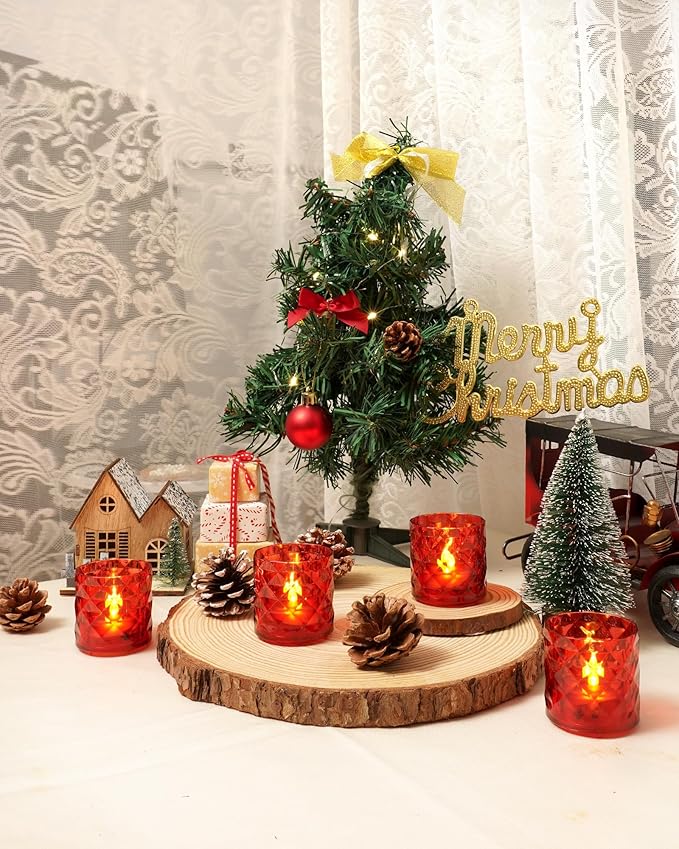 Homemory 2" x 2" Acrylic Votive Candle Holders with Auto Timer Flameless Led Tealight, Battery Powered Fake Electric Candles for Wedding Centerpiece, Table, Christmas Decor (12Pack, Red Base)