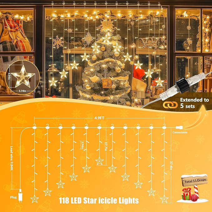 YOUNGAR Stars Icicle Lights,Younger Stars Curtain Lights,11.5ft 118LED Hanging Lights for Home Bedroom Ceiling, Warm White Lights Decor for Wall Indoor, Outdoor, Party, Garden Christmas