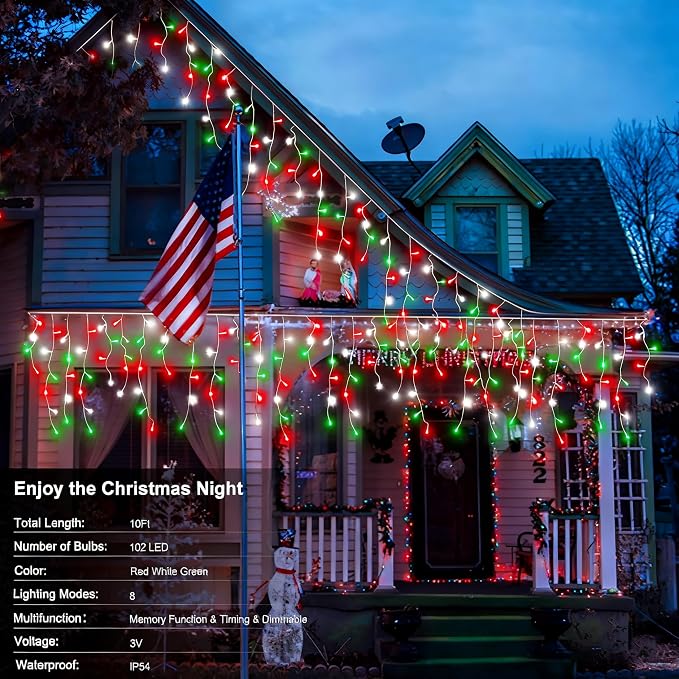 2 Pack Red White Green Christmas Icicle Lights Battery Operated, Total 204 LED Twinkle Icicle Lights 20Ft Clear Wire with 8 Lighting Modes Timer Function for Outdoor Indoor House Party Decoration