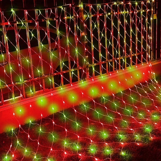 Dazzle Bright Christmas Net Lights, 360 LED 12FT x 5 FT Transparent Wire Waterproof Connectable String Lights with 8 Modes for Bushes Garden Party Holiday Decoration (Red and Green)