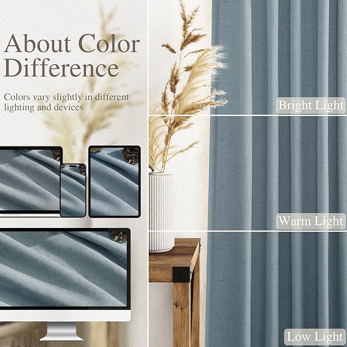 Nanspring Light Blue Linen Curtains Semi Sheer 96 Inches Long 2 Panels Set for Living Room Back Tab Rod Pocket Light Filtering Drape for Bedroom Modern Farmhouse Coastal Decor Protect Privacy 52x96.