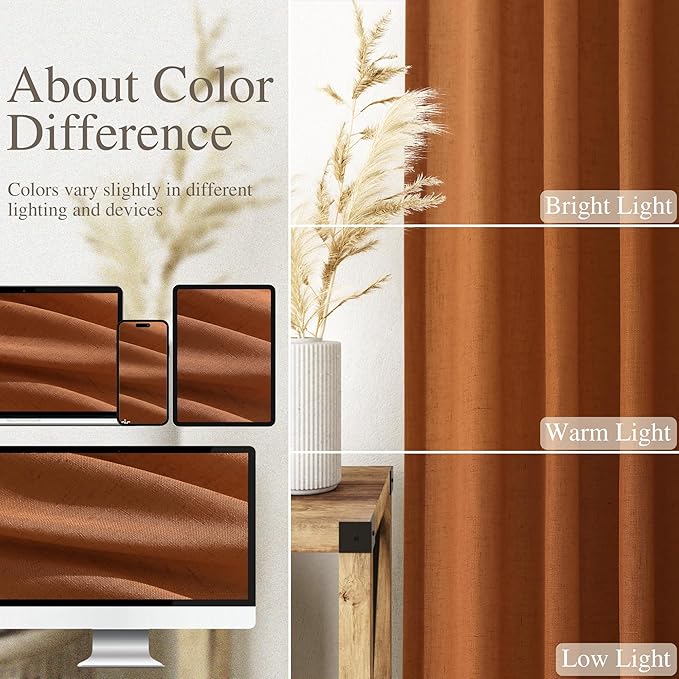 Desert Orange Linen Textured Curtains 96 Inch 2 Panels for Bedroom Back Tab Rod Pocket Sheer Light Filtering Boho Room Decor Aesthetic Burlap Look Curtain Drapes 8Ft 52x96