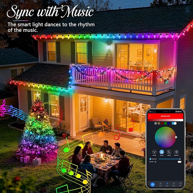 iBaycon Smart C9 Christmas Lights, 100 LED 65FT Bluetooth Outdoor Light String, APP Remote Controlled, Music Sync Color Changing RGB Connectable Christmas Lights for Tree House Eaves Roof Decorations