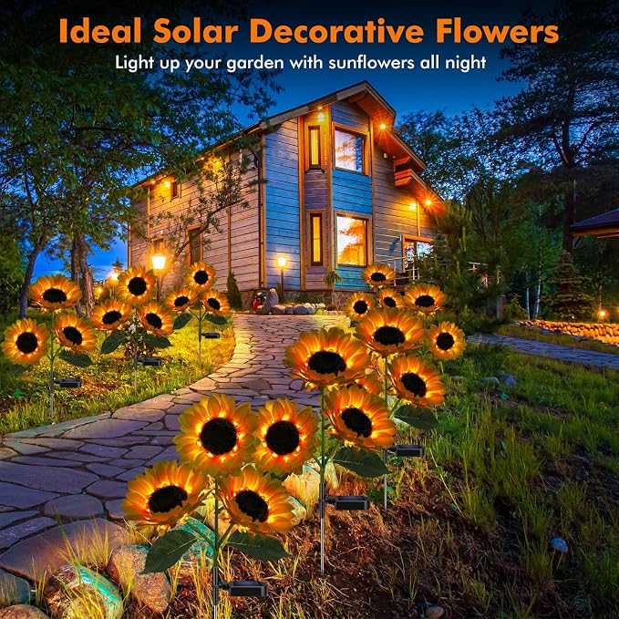 Meagoo Solar Sunflower Lights, 800mA Solar Garden Light with Real Looking Flowers Outdoor Waterproof Solar Stake Lights for Back Yard, Flower Bed, Pathway, Patio, Porch, Spring Decoration (2 Pack)