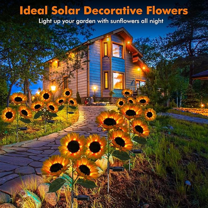 Meagoo Solar Sunflower Lights, 800mA Solar Garden Light with Real Looking Flowers Outdoor Waterproof Solar Stake Lights for Back Yard, Flower Bed, Pathway, Patio, Porch, Fall Decoration (6 Pack)