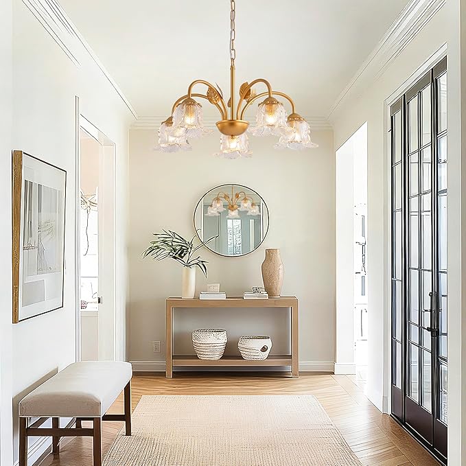 5-Light Vintage Chandeliers for Dining Room 25" Modern Gold Glass Chandelier Rustic Adjustable Pendant Light Fixture for Kitchen sland Living Room Bedroom