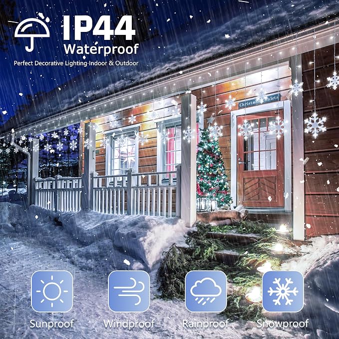Christmas Snowflake Icicle Lights,6.5ft 144LED Curtain Lights Outdoor with 12 Drops, 8 Modes Waterproof Connectable Fairy Light for Eaves, Garden, Yard, Indoor Outdoor Xmas Decor (White)