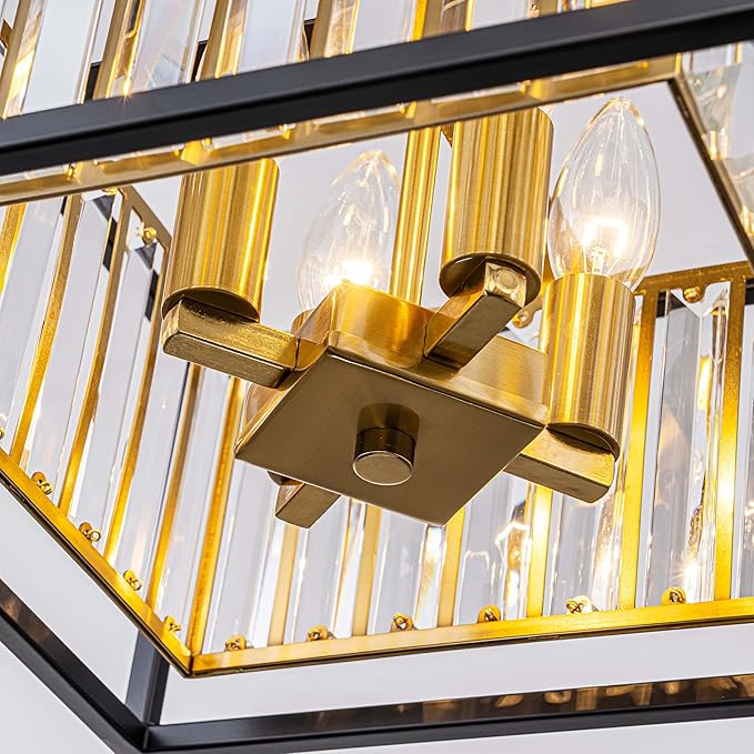 LumFurn 4-Light K9 Crystal Ceiling Light, 2-Tier Square Semi-Flushmount Light Fixture for Living Room, Foyer, Bedroom, L12 x W12 x H7inch, Clear Crystal & Black & Gold Finish