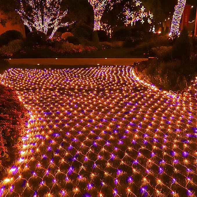 Dazzle Bright Halloween 360 LED Net Lights, 12FT x 5FT Connectable Waterproof String Lights Clear Wire with 8 Modes, Halloween Decorations for Indoor Outdoor Party Yard Garden Decor, Purple & Orange