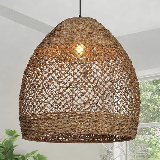 17.7" Boho Rattan Chandelier for Dining Room, 1-Light Hand Woven Pendant Light Fixture with Wicker Lampshade, Coastal Hanging Pendant Lighting for Kitchen Island Bedroom Living Room Nursery