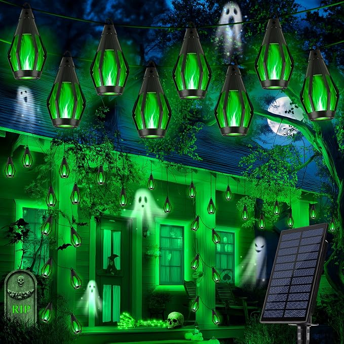 iBaycon Solar Halloween Lights, 27Ft 10 LED Bulbs Flickering Flame String Light, Outdoor Waterproof Solar Flame Lights for Garden Yard Patio Halloween Decorations (Green)