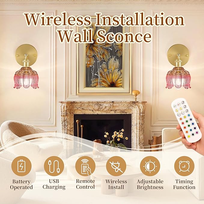 Vintage Battery Wall Sconce with Flower lampshade,Rechargeable Battery Powered Wall Lights,Wall lamp with 15 Colors for Bedroom Living Room Home Decor (Flower Pink, 2 Light Battery Operated)
