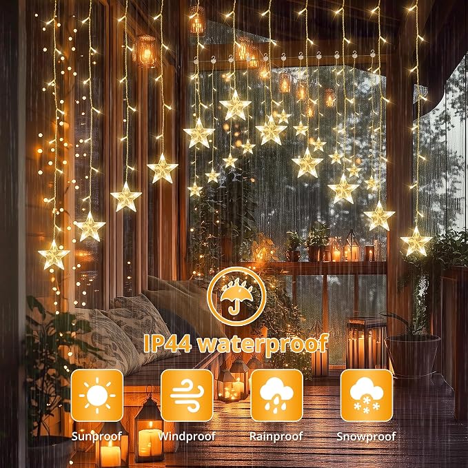 woohaha 118LED Star Icicle Lights,Window Curtain Light Plug in,8 Modes Timer Hanging String Lights,Connectable Warm White Star Lights for Bedroom Indoor Party Wedding Ramadan Christmas Decorations