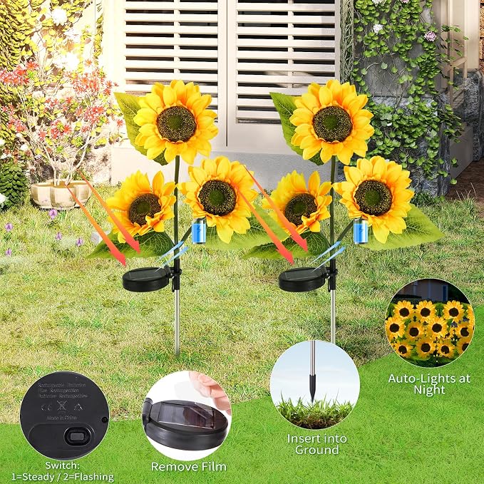 4-Pack Solar Sunflower Garden Decor, 12 LED Flower Stake Lights - Waterproof Long-Lasting Outdoor Solar Patio Decor for Lawn, Yard & Pathway