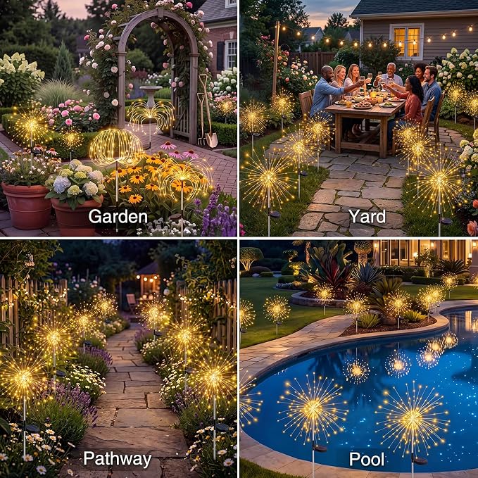 btfarm 10 Pack Solar Garden Lights Outdoor 8 Modes, 120 LED Firework Lights Solar Powered, Waterproof Twinkle Fairy Light Outside for Yard Pathway Lawn Pool Patio Christmas Decorative, Warm White