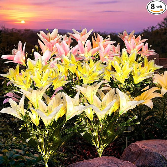 GIGALUMI Solar Garden Lights, 8 Pack LED Lily Garden Decor Carefree Solar Flowers Outdoor Waterproof, Yard Decorations Outdoor, Allergy-Free Light up Flowers for Yard Patio (4Pink, 2White, 2Yellow)