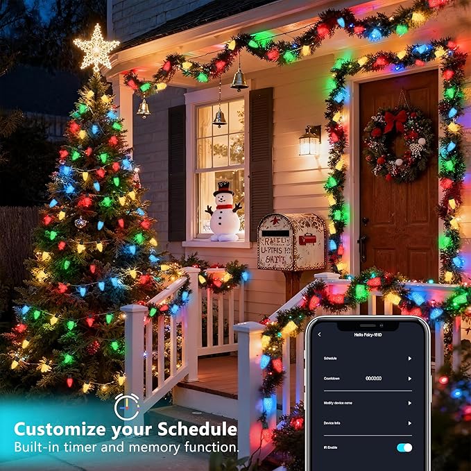 iBaycon Smart C9 Christmas Lights, 100 LED 65FT Bluetooth Outdoor Light String, APP Remote Controlled, Music Sync Color Changing RGB Connectable Christmas Lights for Tree House Eaves Roof Decorations