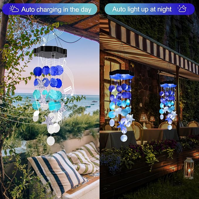 Solar Shell Gift for Mom Grandma Girls, White & Blue Solar Wind Chimes for Outside, Outdoor Decorative Mobile Lights for Garden, Yard, Patio, Window, Party, Outdoor Decorations