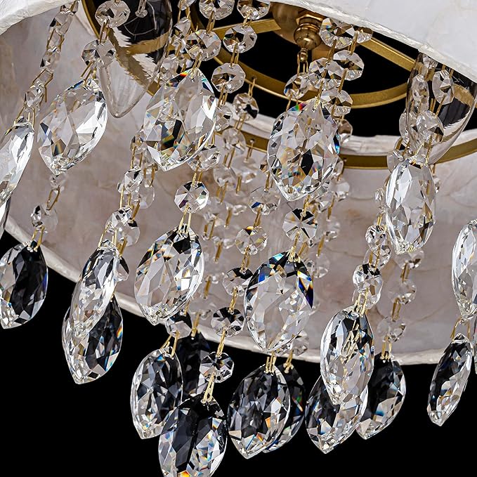 3-Light Capiz Shell Crystal Drum Ceiling Light, Coastal Style Close to Ceiling Light Fixture for Dining Room, Living Room & Bedroom, D12*H14 inch, Clear Crystal & Gold Finish