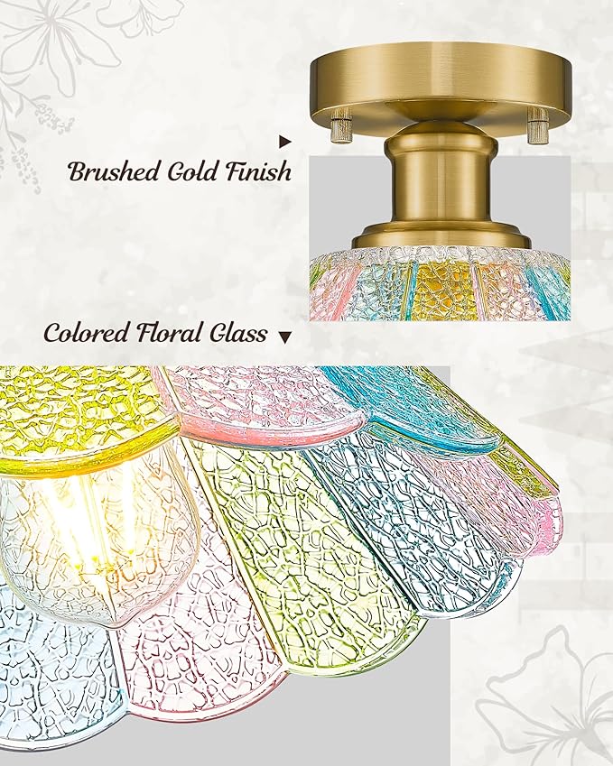 Semi Flush Mount Ceiling Light, HWH Modern Light Fixtures Ceiling Mount with Colored Floral Glass, 10 Inch Kitchen Ceiling Light Fixture for Bedroom Kitchen Foyer, Gold Finish, 5HJX110F BG-C