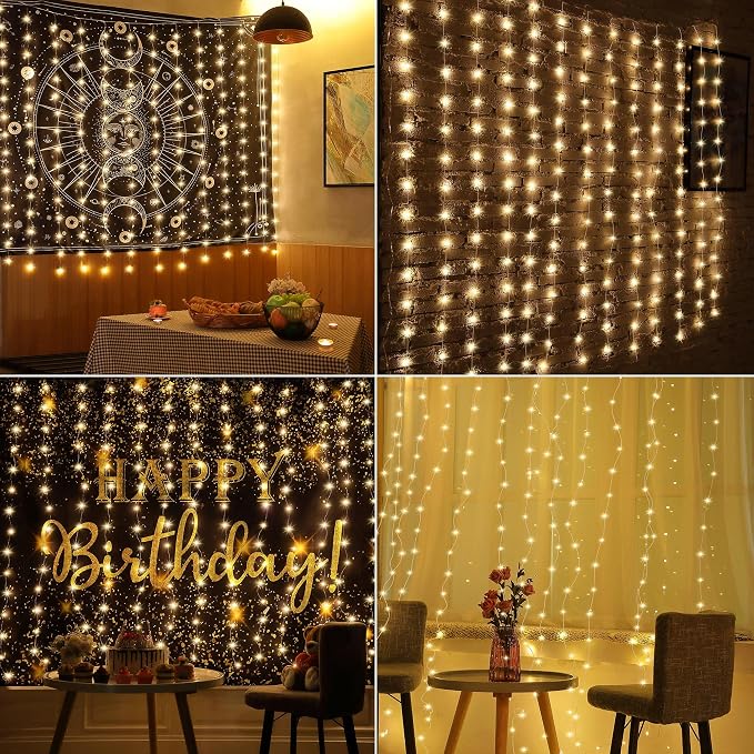 Meonum 1 Pack 195LED Curtain Tapestry Backdrop String Lights, Each 13 Strings 6.6 x 5 ft Tapestry Fairy String Light, 8 Modes Window Wall Hanging Light Strings for Bedroom Christmas Curtain Decor