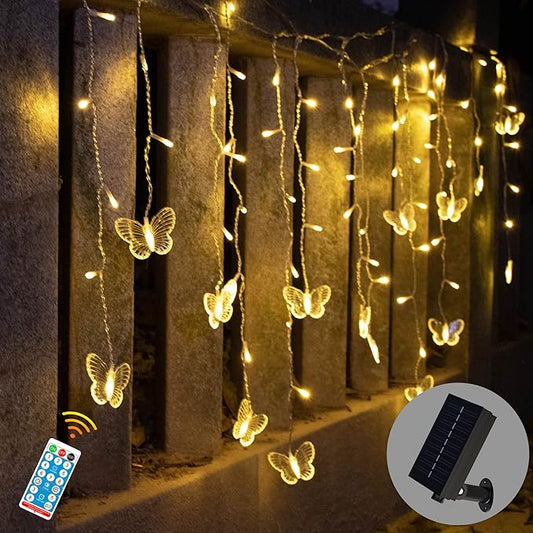 Butterfly Solar Lights Outdoor 13ft LED Fairy Curtain Light with Remote, USB Rechargable Waterproof Solar Firefly Light Butterfly Decor for Garden Patio Balcony Fence Tent Easter (Warm White)