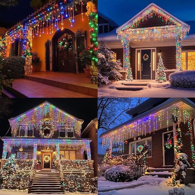Dazzle Bright Christmas Icicle Lights, 88.5 FT 1080 LED 8 Modes Curtain Fairy Lights with 180 Drops, Xmas String Lights for Outdoor Holiday Wedding Party Decorations (Multi-Colored)