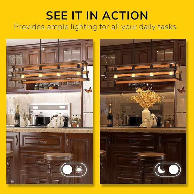 Inlight 34" Wide Farmhouse 4-Light Kitchen Island Pendant Light, Textured Black and Faux Painted Wood Finish, Rustic and Industrial Design Linear Chandelier for Dining Room, IN-0335-4-WD