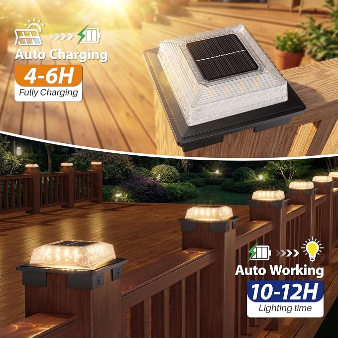 APONUO Solar Post Cap Lights, 3 Color Modes & 2 Brightness, Adjustable Base Fits 4x4 5x5 6x6 Posts (3.5-5.5 Inch), IP65 Waterproof, Deck & Fence Post Lights Solar Powered with Screws, Black, 4 Pack