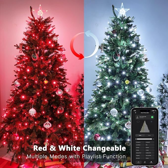 Brizled Smart Red Valentines Lights, 66FT 200 LED Color Changing Christmas String Lights App & Voice Control, Dimmable Cool White & Red Xmas Light Music Sync for Indoor Outdoor Xmas Tree Wedding Party